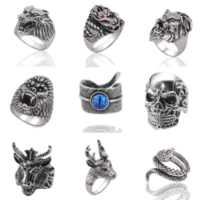 Gothic Punk Ring Men Retro Rabbit Snake Tiger Wolf Rings Skeleton Devil Evil Eye Pentagram Animal Male Ring Stainless Steel Anel