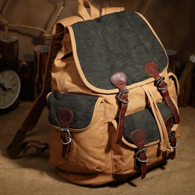 Unisex Vintage Crazy Horse Leather Canvas Mens Backpack Girls Large Travel Military Canvas School Bag Rucksack Bagpack leather 