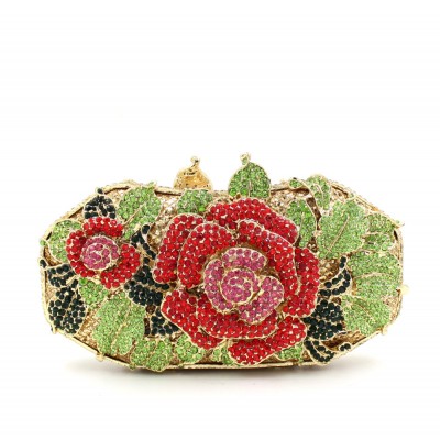 Rose flower Luxury crystal Diamond Clutch bags bling rhinestone evening bags Gold women evening clutch bags Shouder party bag 